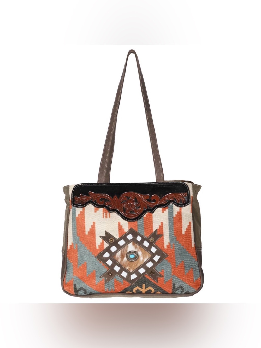 Western Bohemian Aztec Tote Bag in Orange, Turquoise & Brown